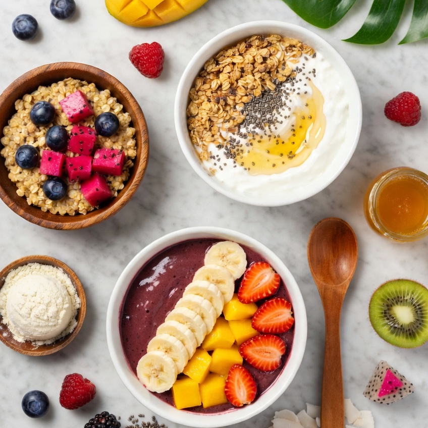 Marketing image inspired by Greek yogurt, acai, smoothie bowls, and fresh fruit